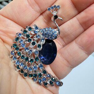 Peacock Brooch Blue Rhinestone Silver Tone Vintage Style Statement Pin
